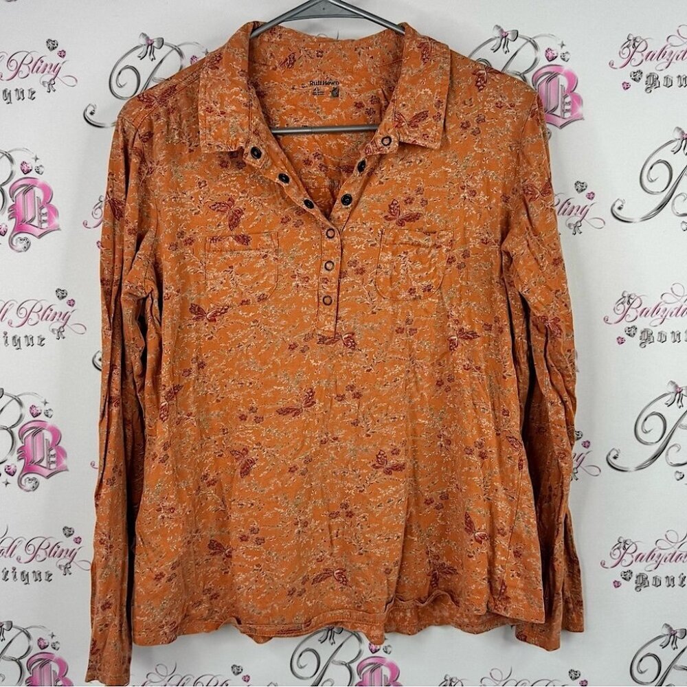 Ruff Hewn Rust Floral Button-Up Blouse long sleeves comfy stretchy flowers